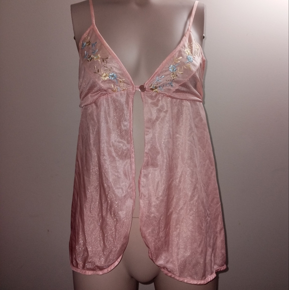 Vintage pink satin lingerie slip with blue embroidered flowers size medium - Picture 1 of 5